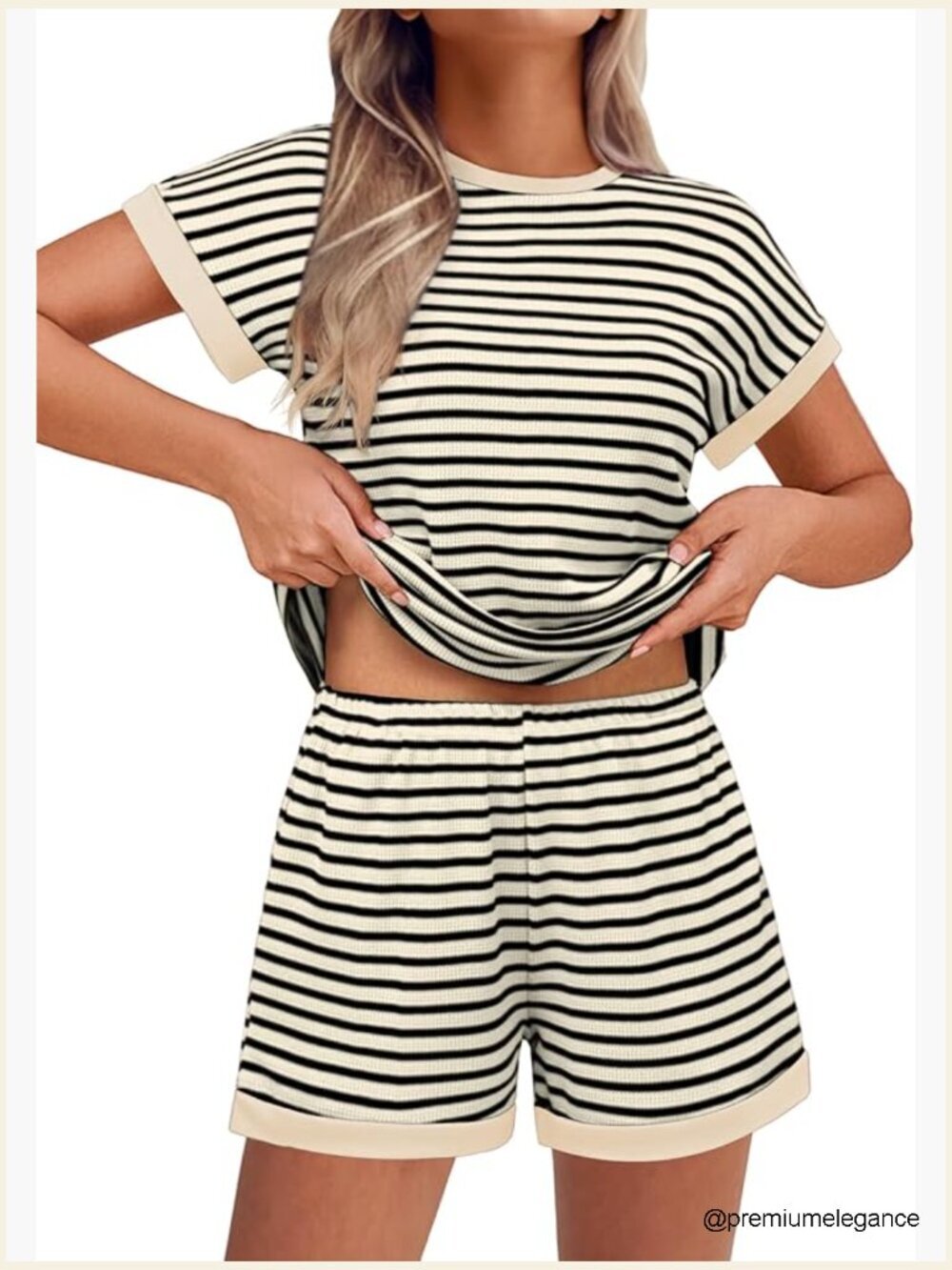 Women's 2PC Lounge Set - Striped Knit T-Shirt & Shorts